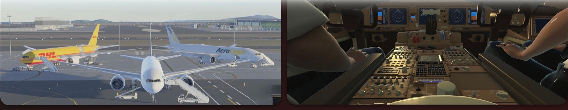 DHL Virtual Group cargo aircraft on the ramp and a cockpit in flight